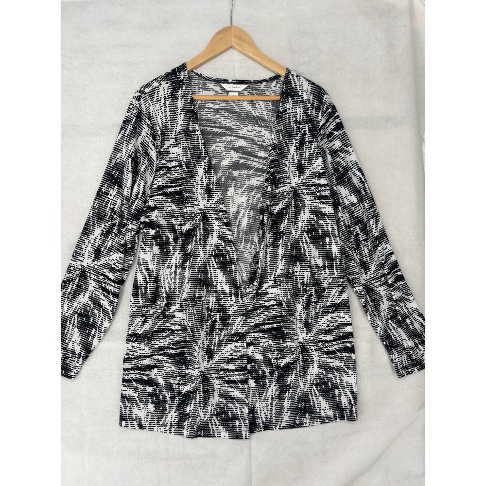 Cj banks Women's 1X Open Front Tunic Jacket Black & White Geometric Stretch